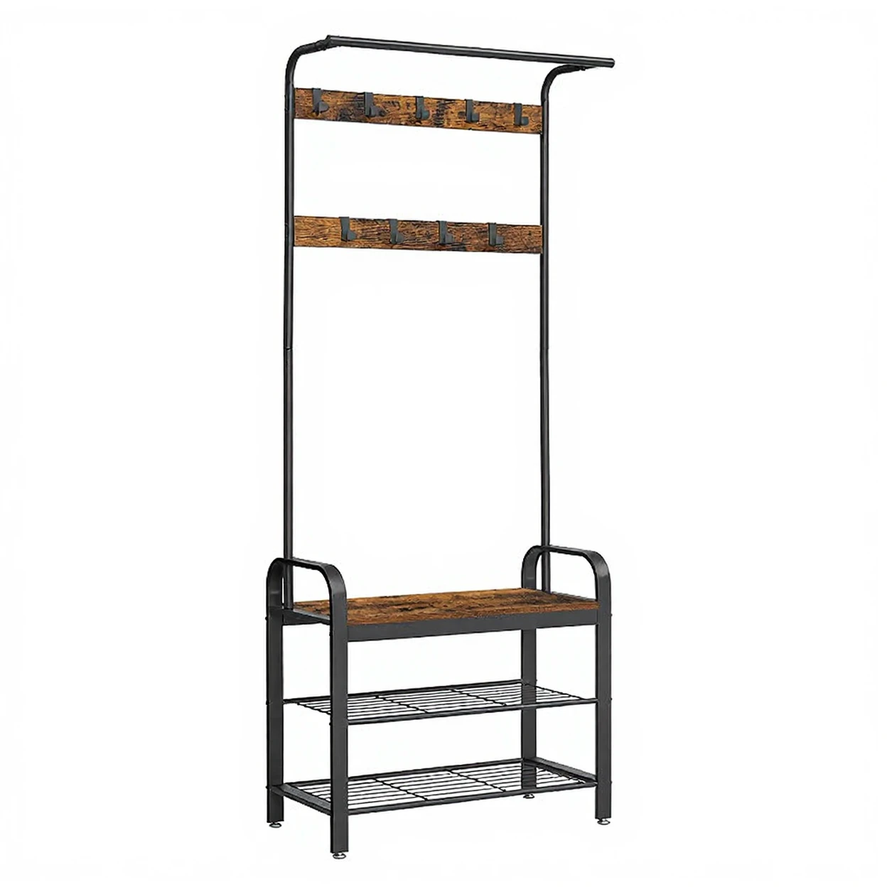 SONGMICSHOME Porte-manteau et banc à chaussures - Design 4-en-1 - 9 crochets amovibles - Barre à vêtements - Style industriel - Marron vintage - 33,7 x 72 x 183 cm image 0