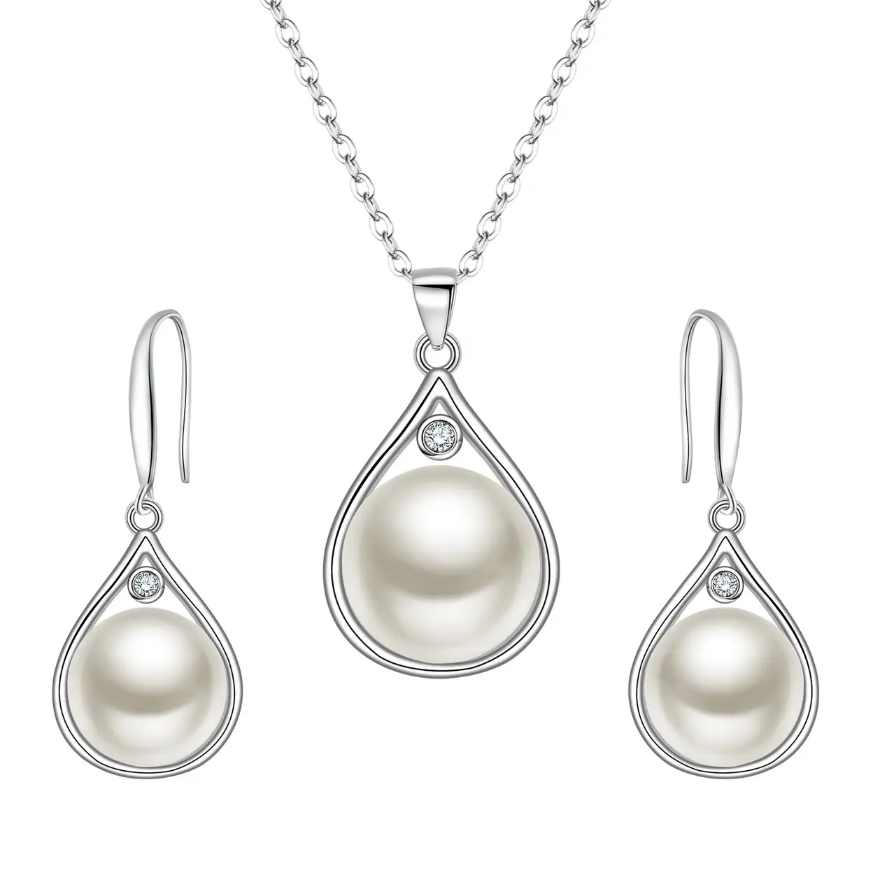 Ever Faith Cubic Zirconia and Freshwater Pearl Teardrop Pendant Necklace and Dangle Hook Earrings Set image 0