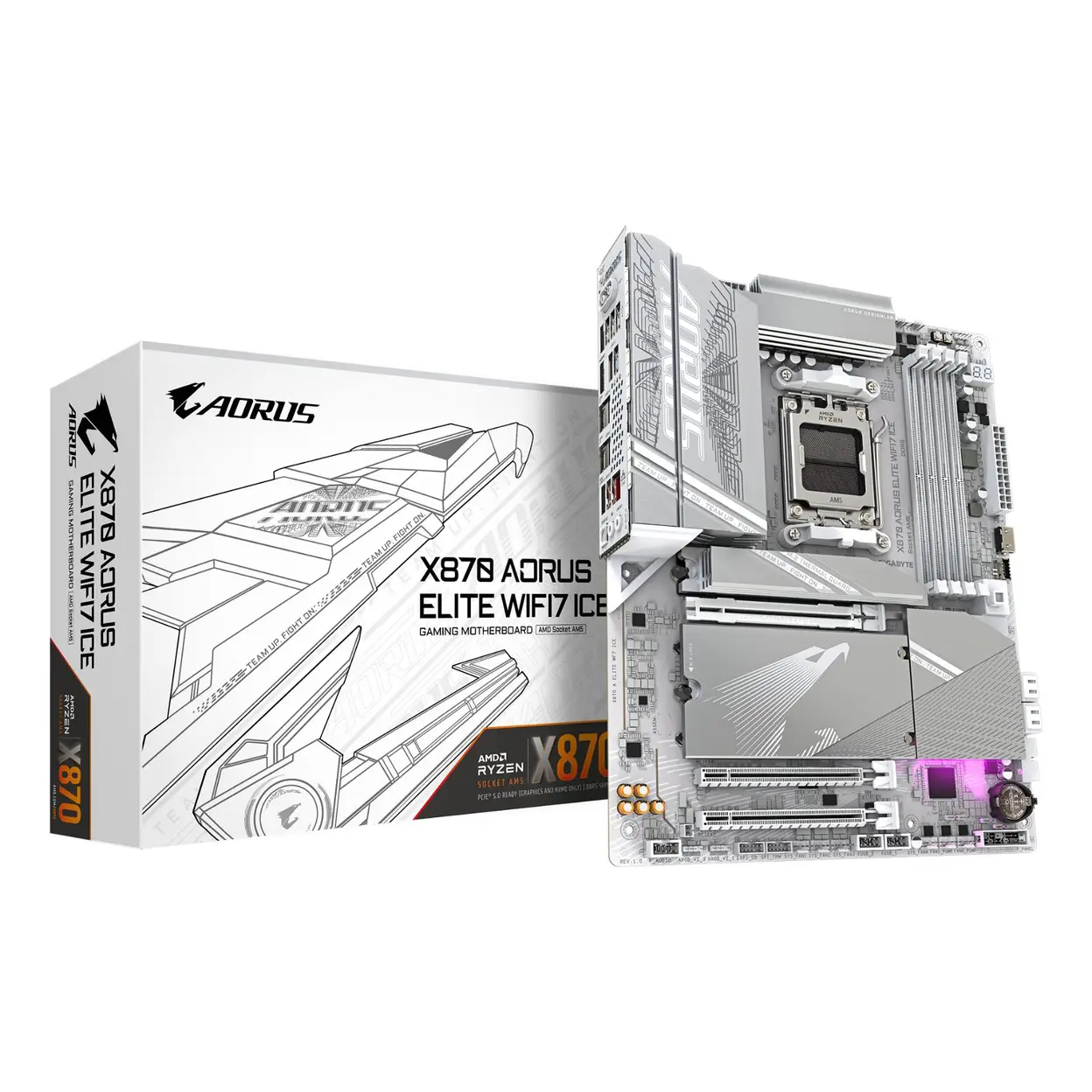 GIGABYTE X870 AORUS ELITE WIFI7 ICE Carte Mère - Prend en charge les processeurs AMD Ryzen 9000, 16+2+2 phases VRM numérique, jusqu'à 8200MHz DDR5 (OC), 3xPCIe 5.0 + 1xPCIe 4.0, Wi-Fi 7, LAN 2,5GbE, USB 4 image 0