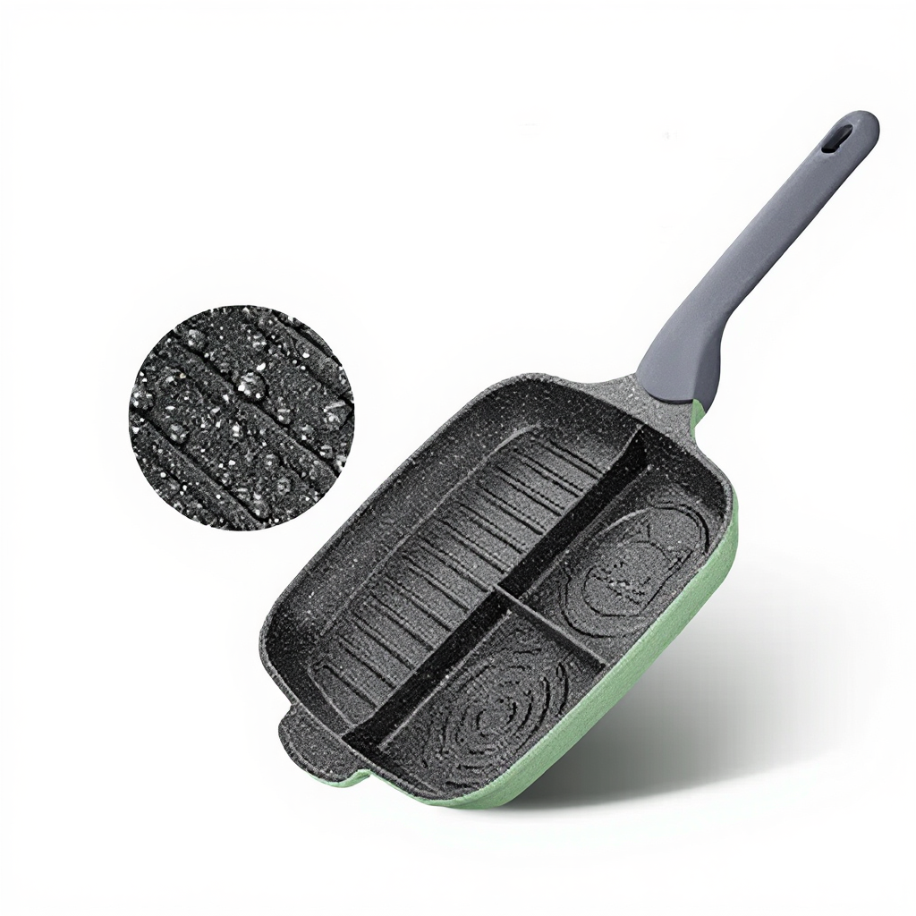 COOKER KING Frying Pan Non-Stick Omelet Breakfast Pan, [Bamboo Lime Stone Series], For All Hot Sources - 3 Compartment