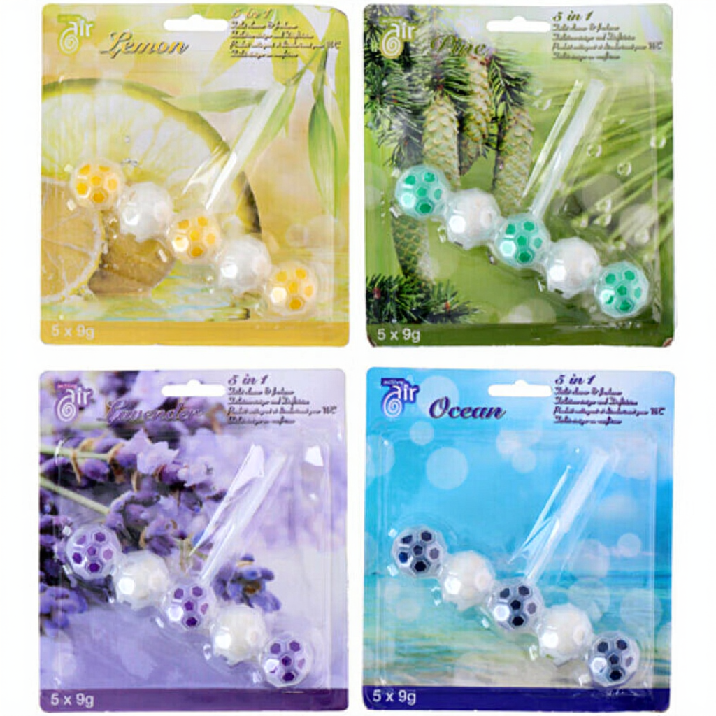 Active Air Bloc de boules nettoyantes pour cuvette de toilette  5x 9 g  4 parfums expédiés au hasard