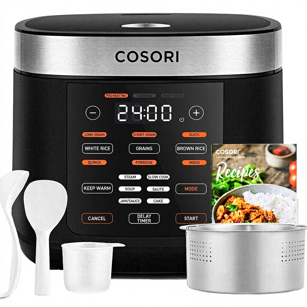 COSORI Reiskocher, Multi-Kocher mit 17 Programmen, Reiskocher 5 L, Fuzzy-Logik, Dampfgarer mit Edelstahl-Einsatz, Rezeptbuch, Schongarer, Premium-Innenbehälter, Warmhaltefunktion, Timer, Schwarz