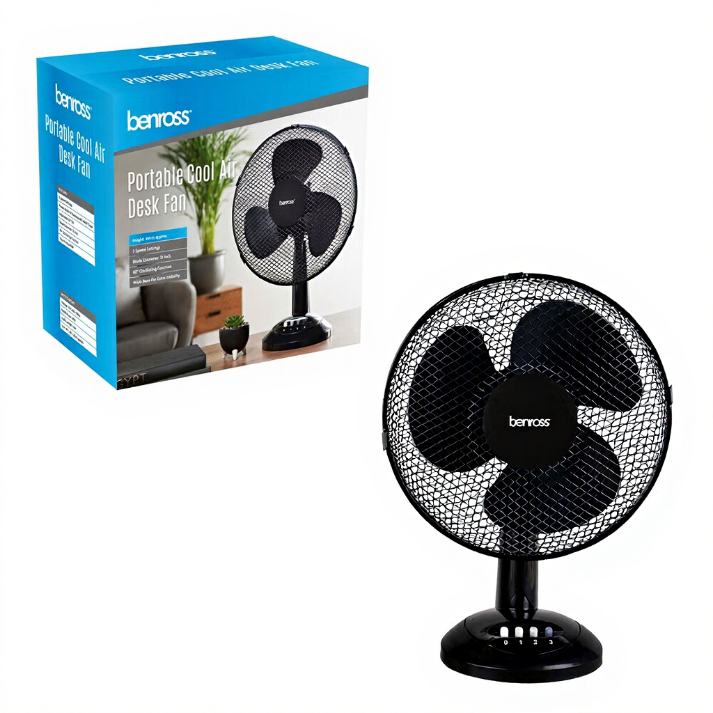 Benross 12" Desk Fan - Black Speed, Airflow, Compact, Diameter, Height, Tilting – 43929