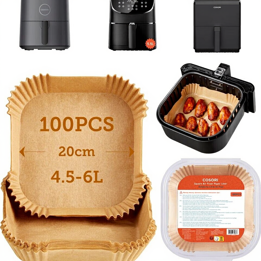 Cosori Backpapier für Heißluftfritteuse XXL (4-7,3L), 100 Blatt, 20cm, ungebleicht, Einweg-Backformen