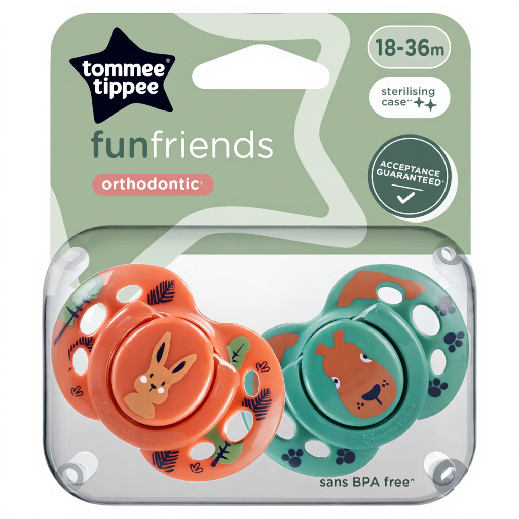 Tommee Tippee 2x Fun Soothers with Steriliser Pod Symmetrical BPA Free 18-36 Months Orange/Green/RED/PINK/BROWN/BLUE