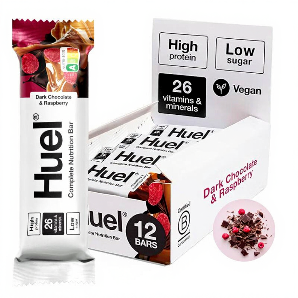 Huel Complete Nutrition Bars, Dark Chocolate & Raspberry, 55g, Pack of 12