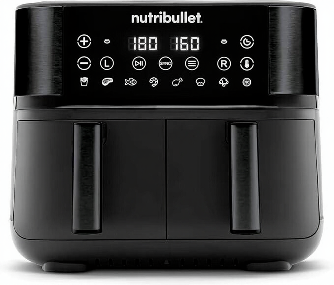 nutribullet? Twin Drayer Heißluftfritteuse, 2 Körbe mit insgesamt 8L Kapazität, 8 voreingestellte Kochmodi, digitales LED-Touchscreen, ölfrei, 2850 W, Schwarz, NBA081B
