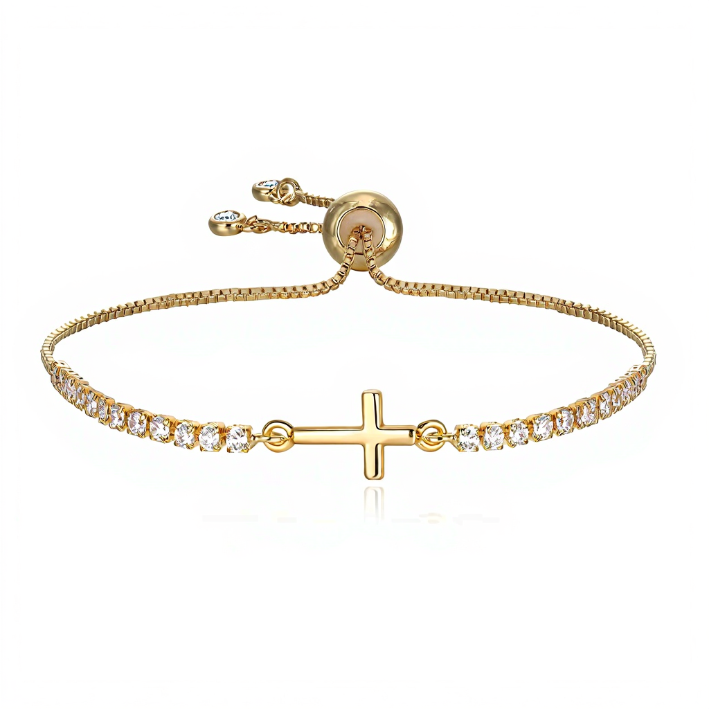 Ever Faith 14K Gold Plated Cubic Zirconia Cross Adjustable Bracelet