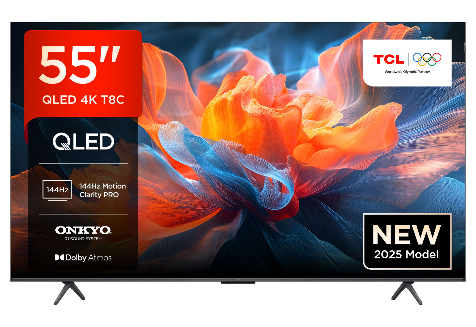 TCL 55T8C 55” QLED 4K Ultra HD, HDR PRO TV, Smart TV Powered by Google TV (Dolby Vision & Atmos, 144Hz Motion Clarity Pro, Voice Control, compatible with Google Assistant, Google Cast)