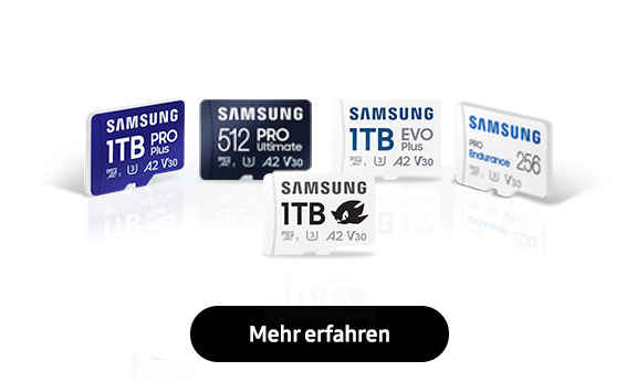 Speicherkarten von Samsung bieten dir viel Speicherplatz und hohe Schreib- und Lesegeschwindigkeiten.