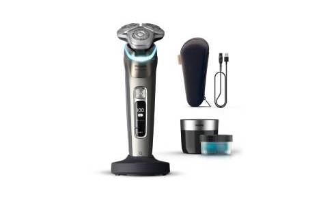 Philips i9000 Prestige, with its Triple Action Lift & Cut shaving system and a 360° Precision Flexing compact head cuts hair at skin-level, even in hard-to-shave-areas. Powered by AI, SkinIQ senses guides and adapts for intelligent skin comfort.