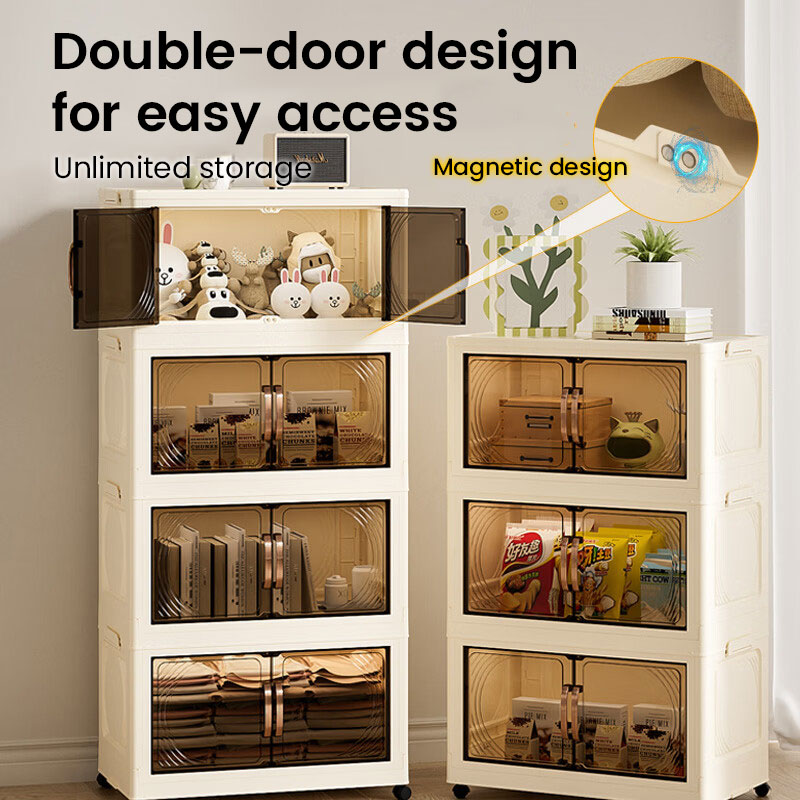 J.Zao No Installation Storage Cabinet - With Wheels, Foldable, Magnetic Attraction, Large Three-layer Capacity Cabinet, Bedside Cabinet - 45 cm Wide, Three Layers