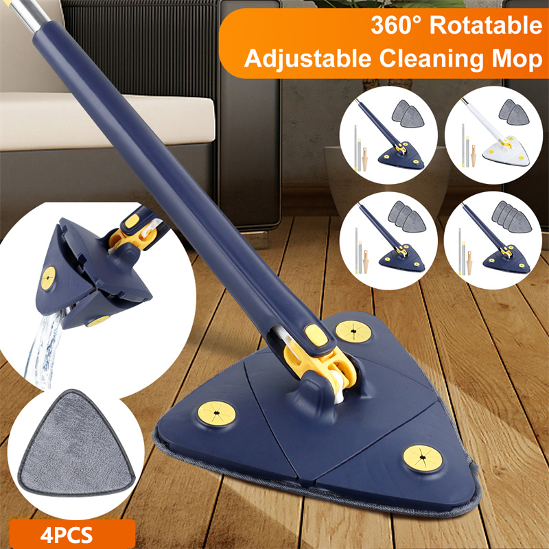 Huacan Telescopic Triangle Mop 360° Rotatable Self-wringing Extended Adjustable 4pcs cloth Triangle Mop