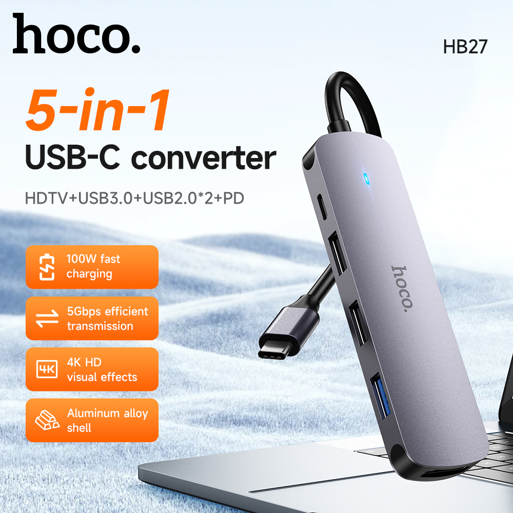 HOCO HB27 Type-C multi-function converter(HDTV+USB3.0+USB2.0*2+PD) metal 100W gray