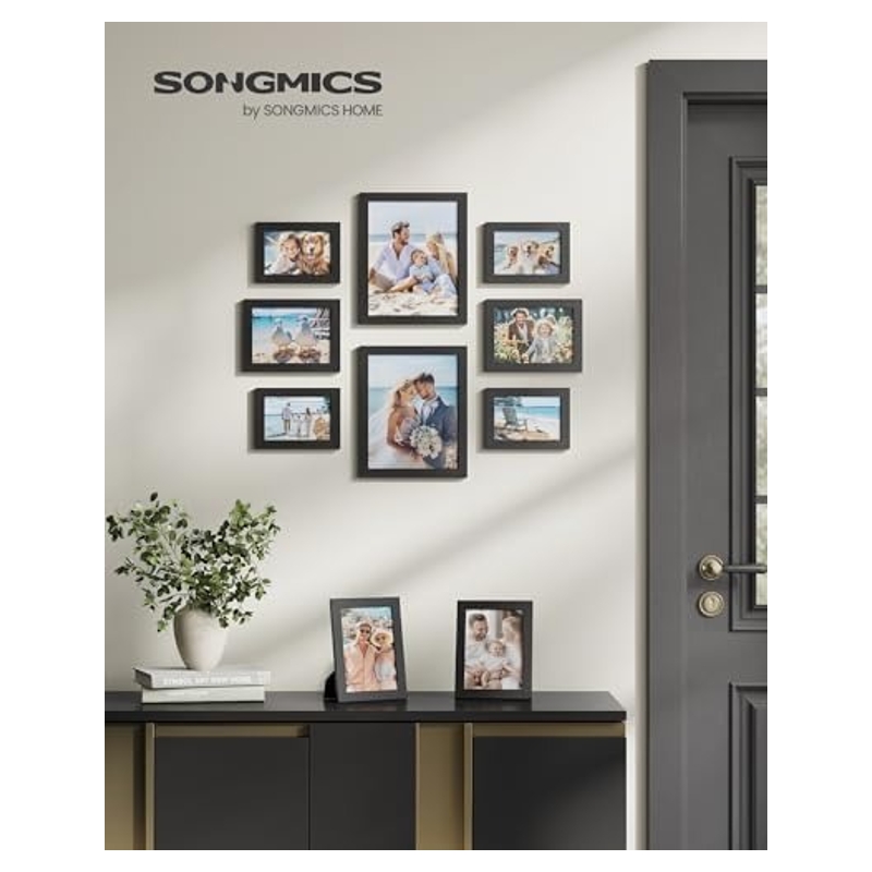 SONGMICS 10 Bilderrahmen Set 20x25cm 13x18cm 10x15cm Kunststoff Front MDF Tiefschwarz
