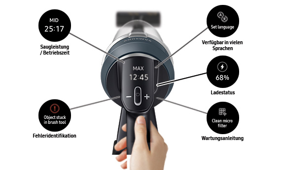 Der Jet verfügt über ein intuitiv bedienbares LCD Display mit vielen Arten von Informationen. Es wird unter anderem die Saugstufe angezeigt oder die v