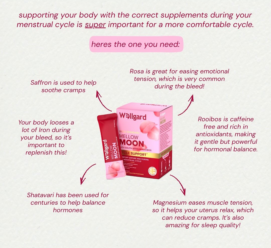 Mellow Moon supports period comfort with gentle, natural ingredients that help ease monthly symptoms, promote relaxation, and maintain hormonal balanc