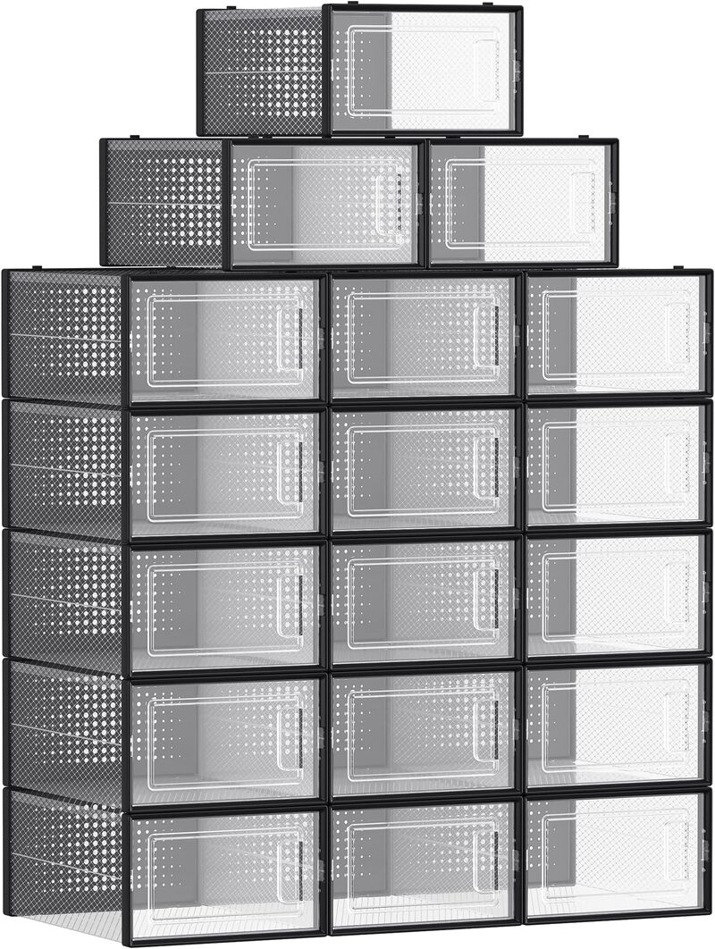 SONGMICS Schuhaufbewahrungsboxen, Schuh-Organizer, Kunststoffboxen, faltbar, stapelbar – 18er-Set – Schwarz