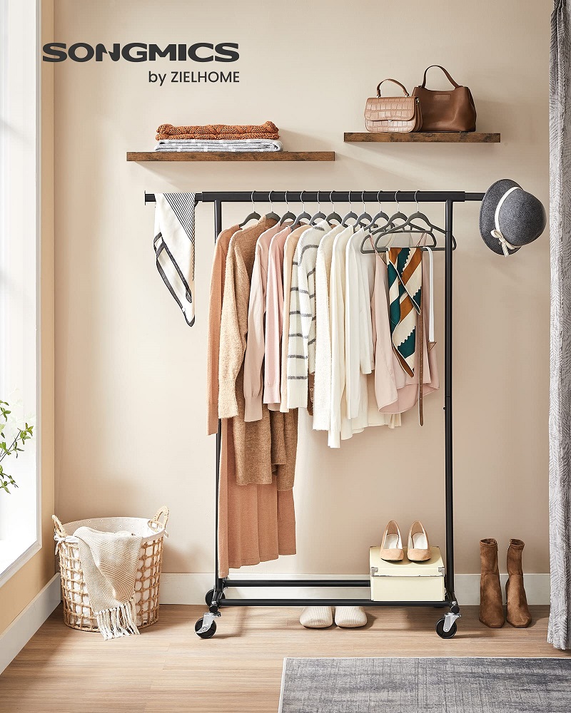 Heavy Duty Clothes Rack Wheeled Coat Rack Load up to 90 kg with Pull-out Clothes Rod Folding Base Shelf for boxes ‎132 x 45.4 x 160 cm
