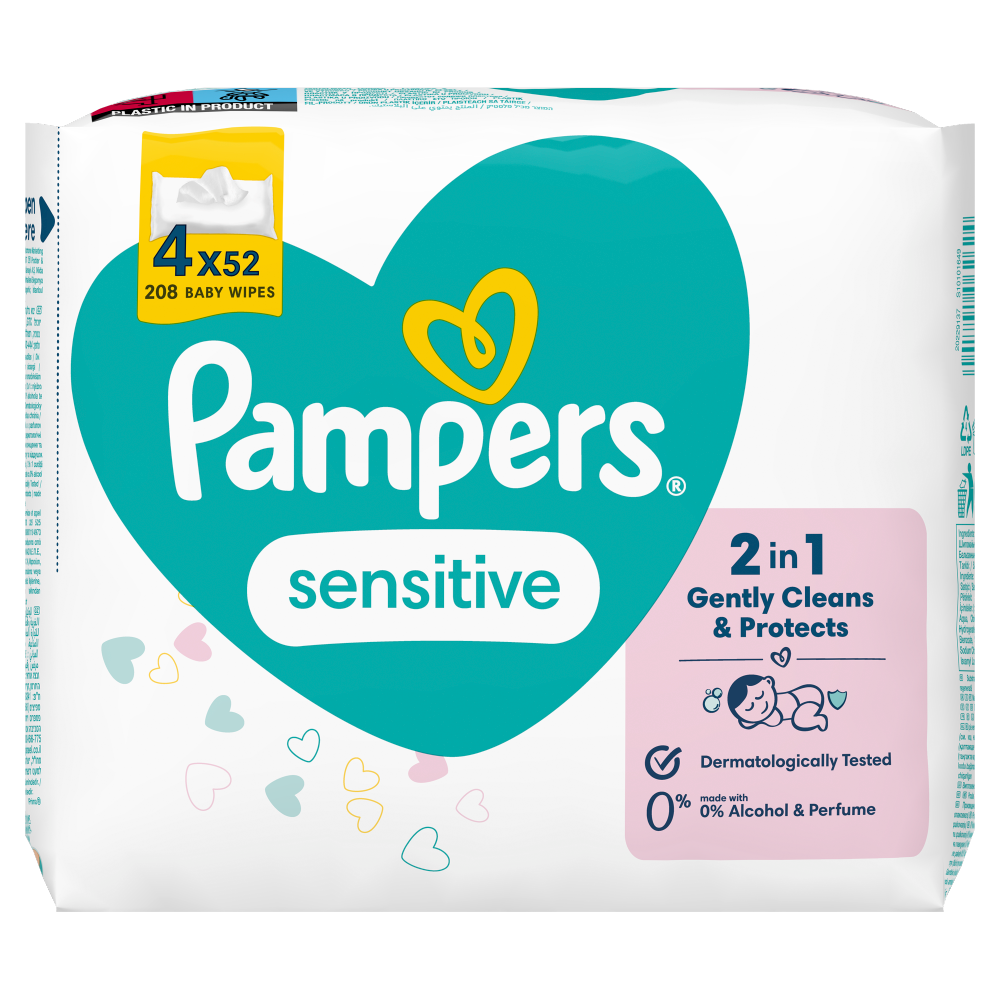 Pampers Sensitive Baby Wipes 4 Packs of 52 Wipes = 208 Baby Wet Wipes