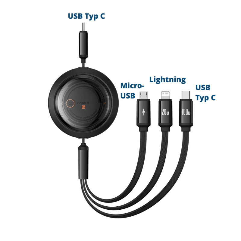 Baseus Schnellladekabel 3-in-1 Free2Draw (USB-C zu USB-C), 1,1 m, schwarz