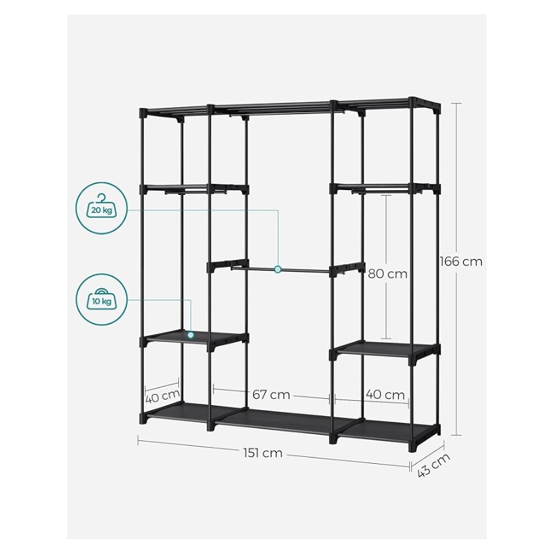 SONGMICS RYG036B02 Open Wardrobe, Clothes Rail, 43 x 151 x 166 cm, 4 Hanging Compartments, Large Spa