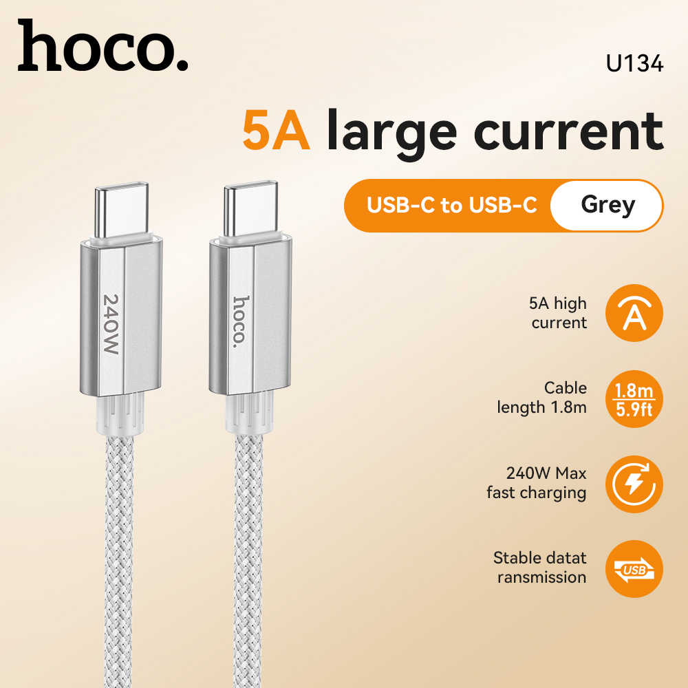 HOCO U134 240W 1.8M 2-in-1 Type-C to Type-C/Lightning Cable Charging and Data Cable - Grey