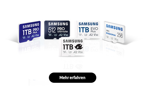 Speicherkarten von Samsung bieten dir viel Speicherplatz und hohe Schreib- und Lesegeschwindigkeiten.