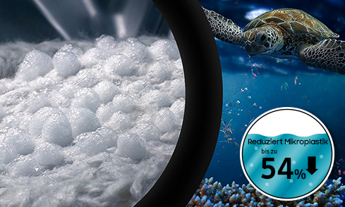 Das Mikroplastikprogramm kann die Menge an Mikrofasern, welche beim Waschen deiner Kleidung, in die Umwelt gelangt, um bis zu 54 %¹ reduziert werden.