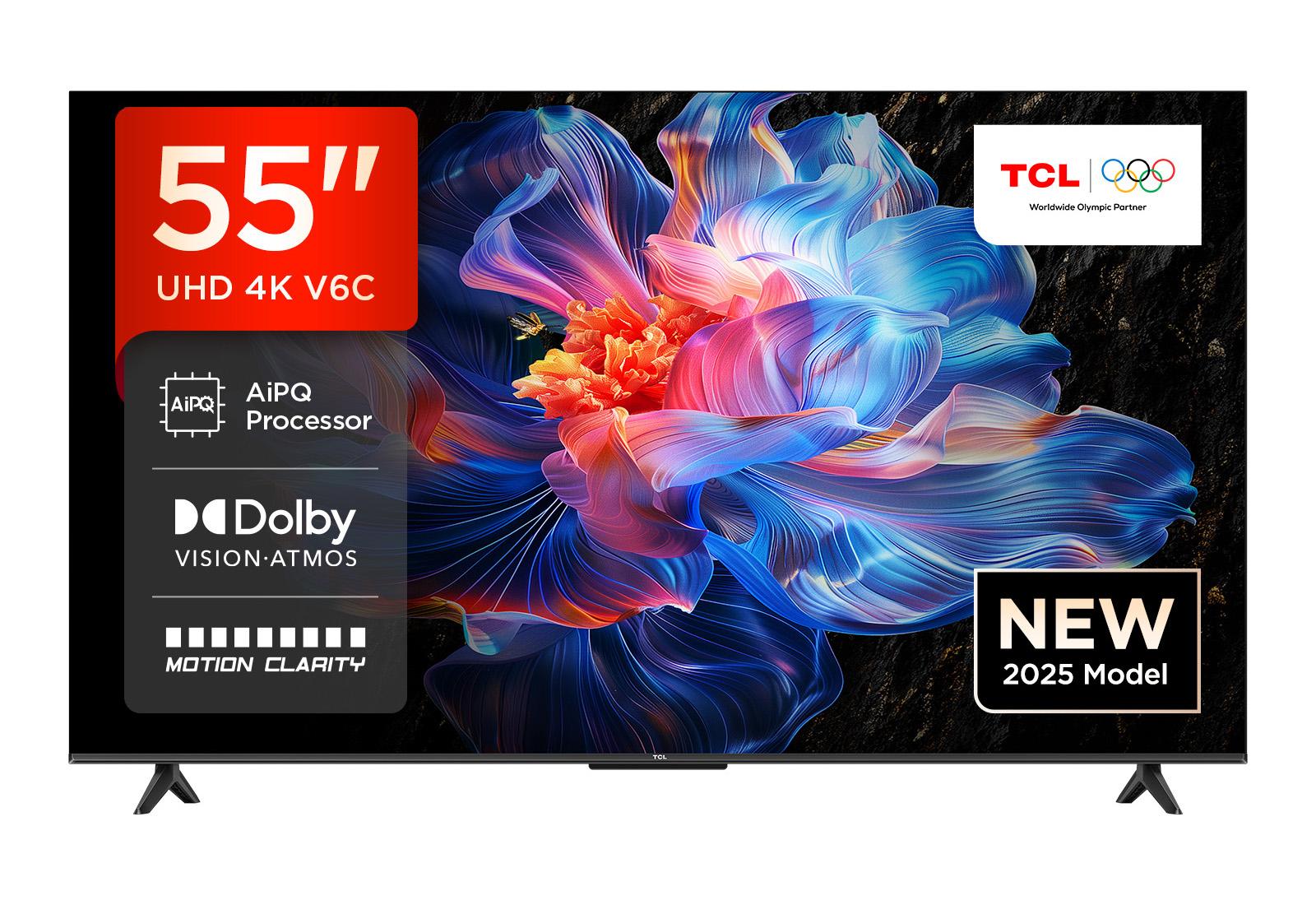 TCL 55V6C 55” Direct LED TV, 4K HDR TV, Smart TV Powered by Google TV (Dolby Vision & Atmos, Motion clarity, compatible with Google Assistant & Alexa)
