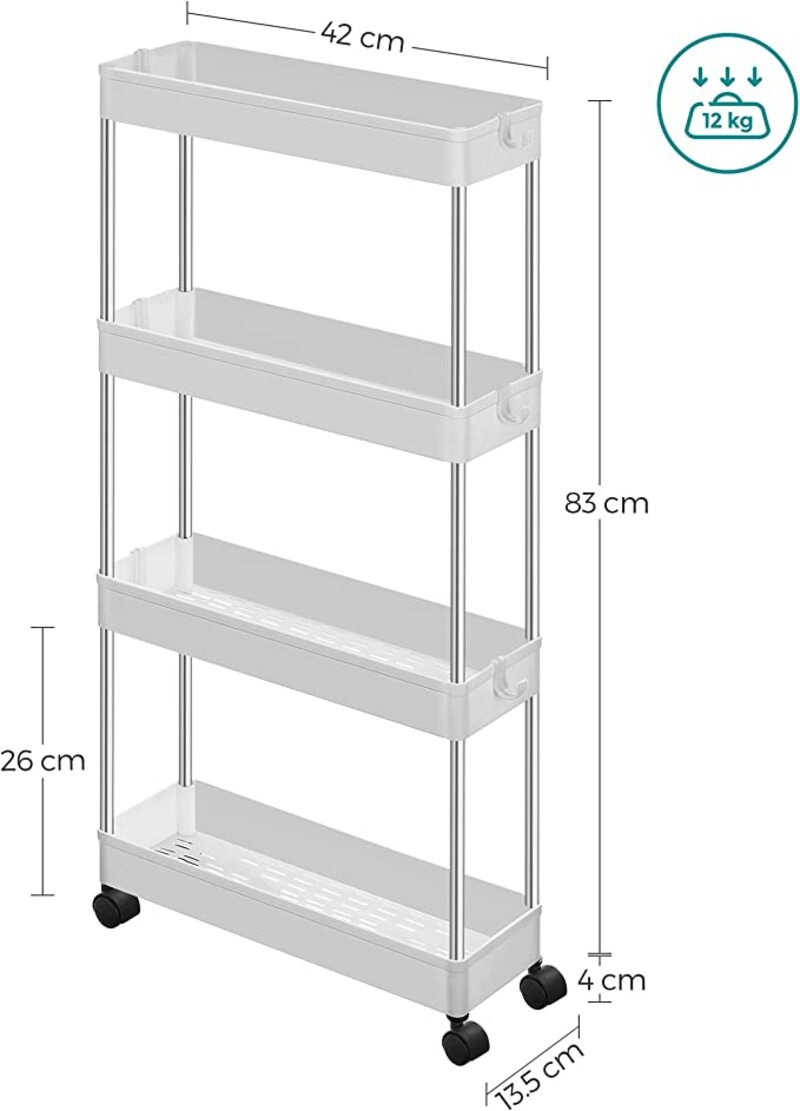 SONGMICS 4-Tier Storage Trolley - Kitchentrolley - White - 40 x 12.5 x 88 cm - KSC08WT