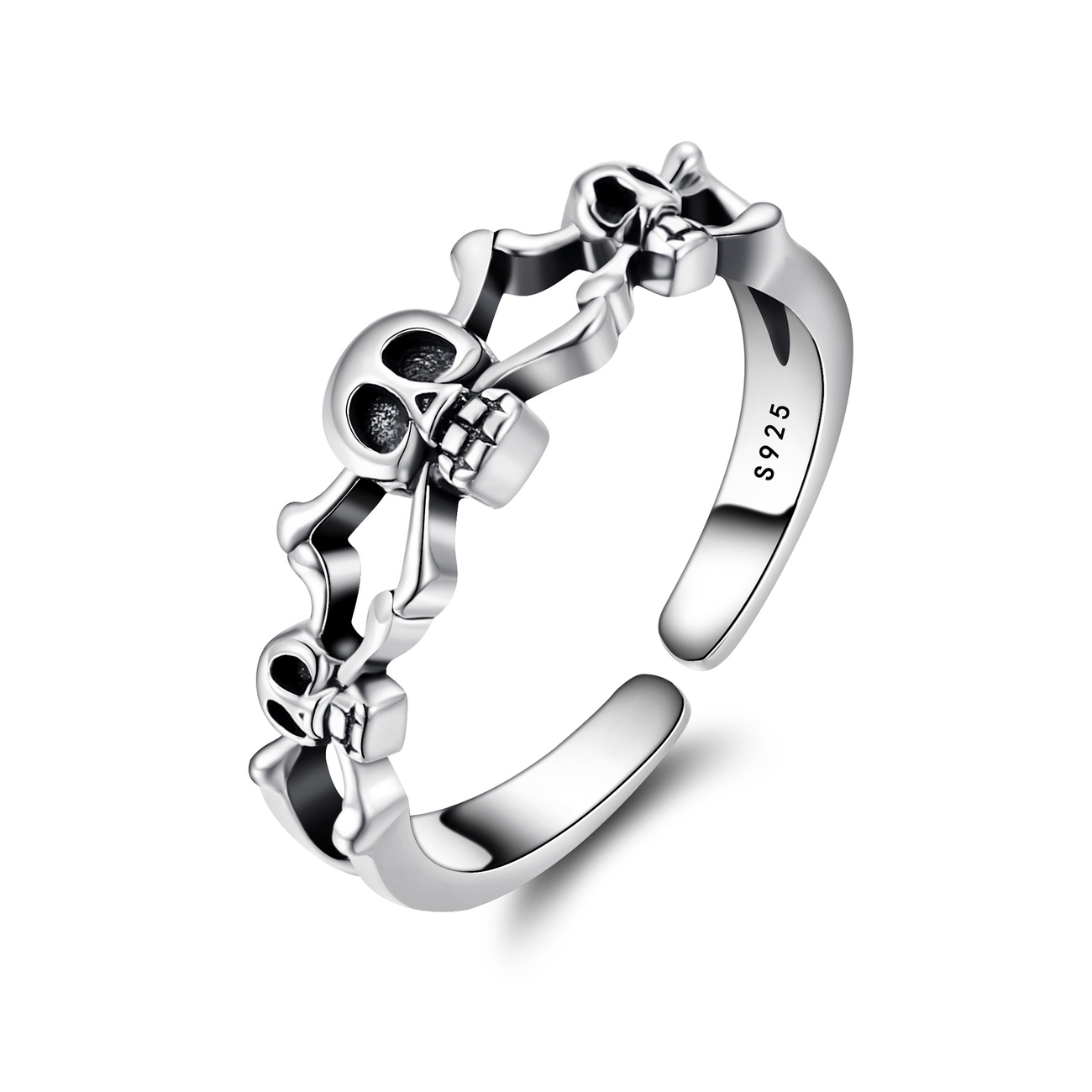 Ever Faith Hollween Skull Ring for Women Girls, 925 Sterling Silver Vintage Gothic Ghost Skull Head Ring Skeleton Open Cuff Ring