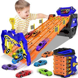 Vatos Spielzeug für 3 4 5 6 Jahre alte Jungen Geburtstagsgeschenk, Tragbare Rennstrecke LKW Spielzeugauto mit 5 Rennwagen & 5 Strecken Transport, Bestes Geschenk Transporter LKW Fahrzeuge Spielzeugset für Kinder, LKW Auto, Weihnachtsgeschenk