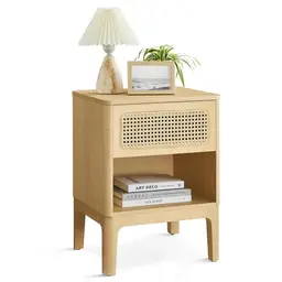 Vasagle Bed Side Table Rattan Drawer 1 Shelf Oak Effect