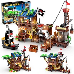 CUBIMANA Piratenkai-Bauspielzeug mit beleuchtetem Piratenschiff - 3 Modi Piratenhafen-Bausteine 781 Teile Mittelalterliches Piratenhaus Steckbausteine Bausatz, Geschenkset für Kinder Jungen ab 6 Jahren, Weihnachtsgeschenk