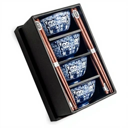 Japanese Lucky Cat Bowls with Chopsticks - Dining Set - 4 Piece Set