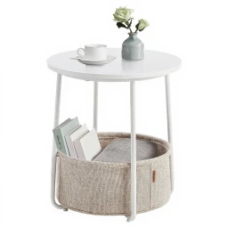 VASAGLE Beistelltisch Runder Tisch mit Stoffkorb Wohnzimmer Schlafzimmer Modern Weiß Beige
