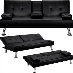 Yaheetech 3-Sitzer Schlafsofa mit Getränkehalter Gästebett Neigbare Rückenlehne 105°/140°/180°, 167 x 81,5 x 75 cm, Belastbarkeit 350 kg, Schwarzes Kunstleder