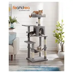 Feandrea Arbre à chat avec griffoirs, perchoirs, cabane, hamac et pompons gris clair - 143 cm