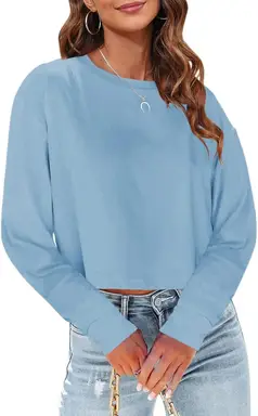 Woman Long Sleeve Cropped T Shirts Round Neck Casual Drop Shoulder Crop Tops Solid Sweater Tees (skyblue, M)
