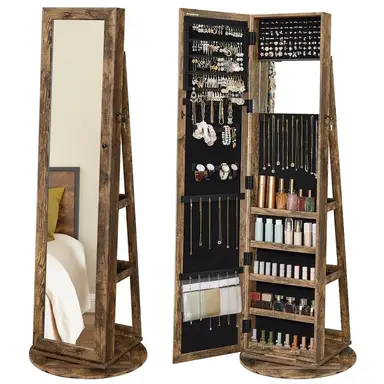 Songmics Mirror & Jewellry Storage Cabinet with Swivel Rustic Brown
