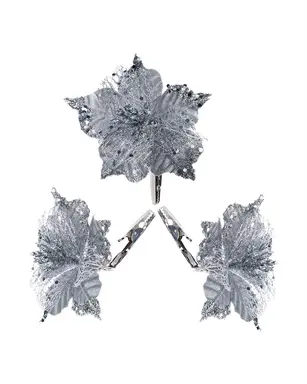 WeRChristmas Artificial Silver Poinsettia Flower with Clip, 3 Pack, 12 cm