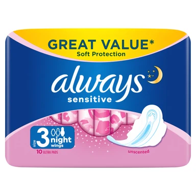 Always Sensitive Night Ultra Size 3 Sanitary Towels Wings 10 Pads