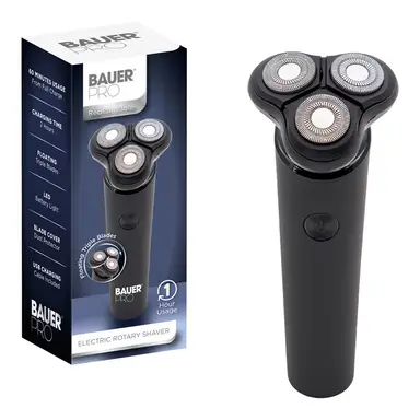 Bauer Rechargeable Wet and Dry Rotary Shaver, Triple Floating Heads, USB Charging, Wet and Dry Use, Black and Chrome