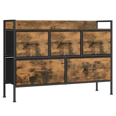 Wide Dresser Fabric 5 Drawers Wood Effect/Black