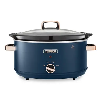 Tower Cavaletto 6.5 Litre Slow Cooker - Midnight Blue & Rose Gold, with 3 Heat Settings, Removable Crockpot and Cool Touch Handles, T16043MNB