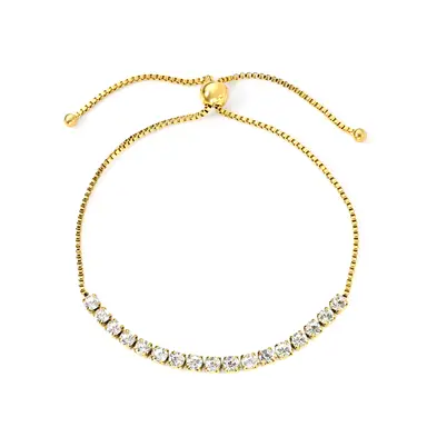 Square Tennis Bracelet with 17 CZ White Diamonds, 18K Gold PVD Stainless Steel Adjustable Drawstring Jewelry