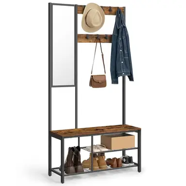VASAGLE Hallway Coat Rack Bench Mirror 2 Shoe/Boot Shelves Rustic Brown/Black