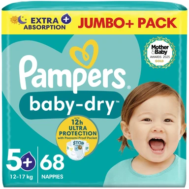 Pampers Baby-Dry Nappies Size 5+ 68 Pack Jumbo+ Pack