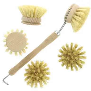 Hill Brush Company - Wooden Wash Up Brush & 4 Heads - Biodegradable fibre bristles - EACH